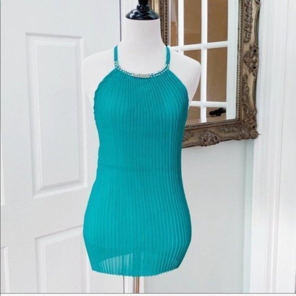 Halter Top Pleated Sheer Green Color Scoop Neck